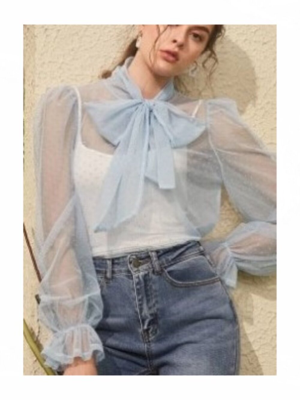 New Blue Polkat Dot Sheer Mesh Tie Blouse Large 12